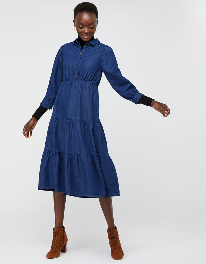 Tina Tiered Denim Dress, Blue (DENIM BLUE), large