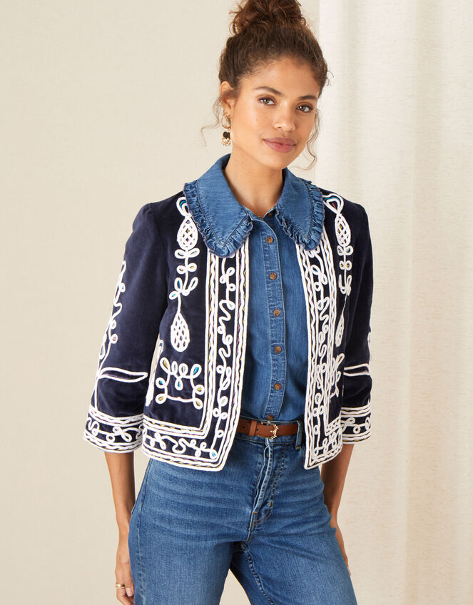 Embroidered Velvet Jacket, Blue (NAVY), large