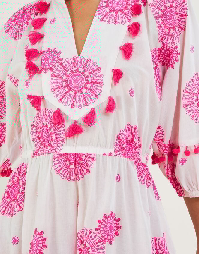 Tassel Embellished Medallion Print Kaftan Dress, White (WHITE), large