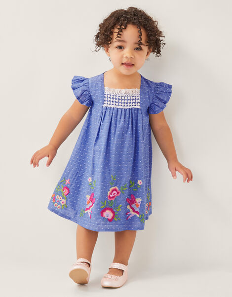 Baby Fairy Embroidered Frill-Sleeve Dress, Blue (BLUE), large