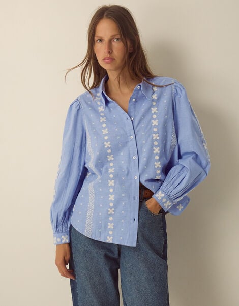 Felicity Long Sleeve Embroidered Cotton Shirt, Blue (BLUE), large