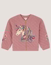 Embellished Unicorn Quilted Bomber Jacket, Pink (PINK), large