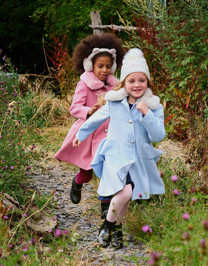 Waist Waterfall Coat with Faux Fur Collar, Blue (PALE BLUE), large