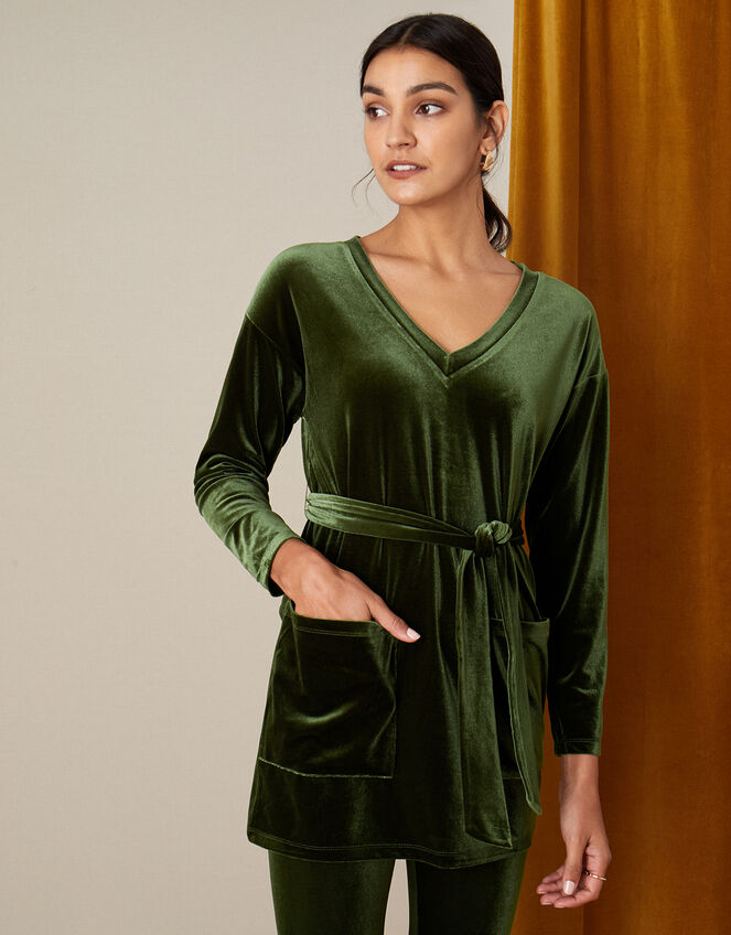 Belted Longline Velvet Top, Green (OLIVE), large