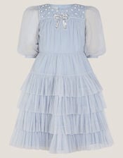 Long Sleeve Bow Beaded Ruffle Dress, Blue (BLUE), large