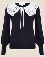 Bella Broderie Collar Jumper, Blue (NAVY), large
