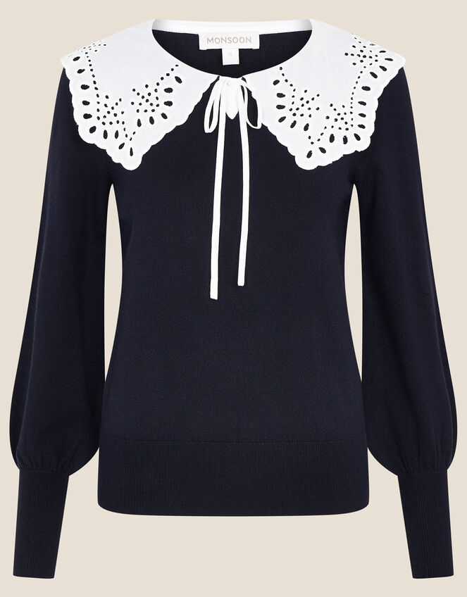 Bella Broderie Collar Jumper, Blue (NAVY), large