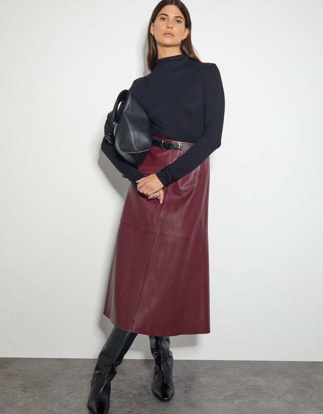 Pippa Faux Leather Midi Skirt, Red (BURGUNDY), large