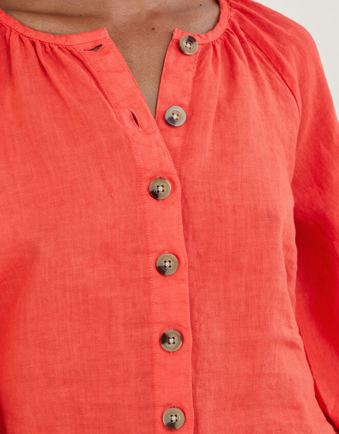 Round Neck Tie Cuffs Linen Blouse, Red (RED), large