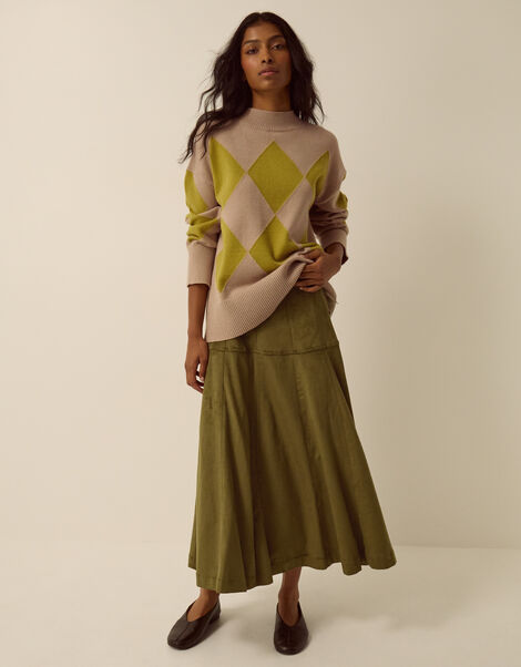 Macy Tie Side Faux Suede Midi Skirt, Green (KHAKI), large