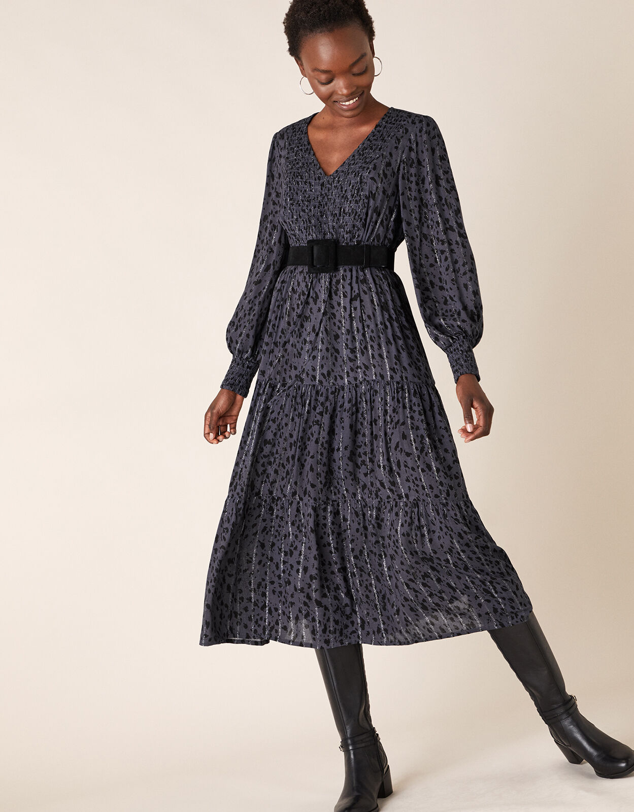 Shirred midi dress with sleeves clearance