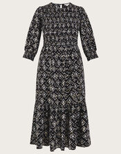 Geometric Print ¾ Sleeve Shirred Dress in LENZING™ ECOVERO™, Black (BLACK), large