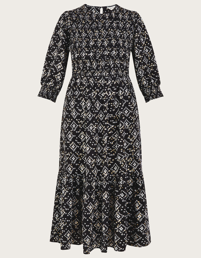 Geometric Print ¾ Sleeve Shirred Dress in LENZING™ ECOVERO™, Black (BLACK), large