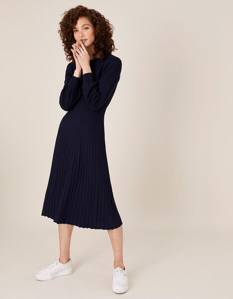 Pleated Knit Dress with LENZING&trade; ECOVERO&trade; Blue, Blue (NAVY), large