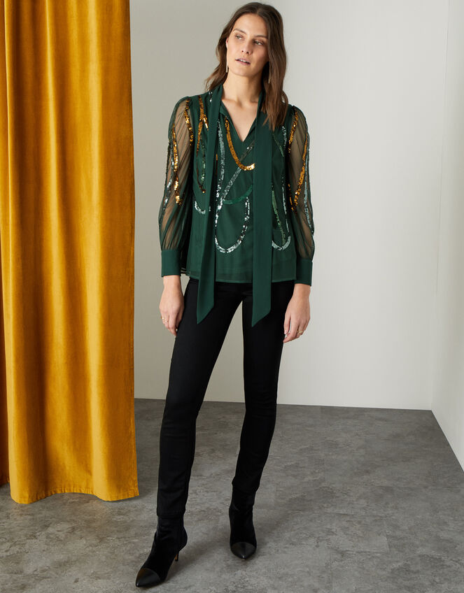 Lydia Embellished Long Sleeve Blouse , Green (GREEN), large
