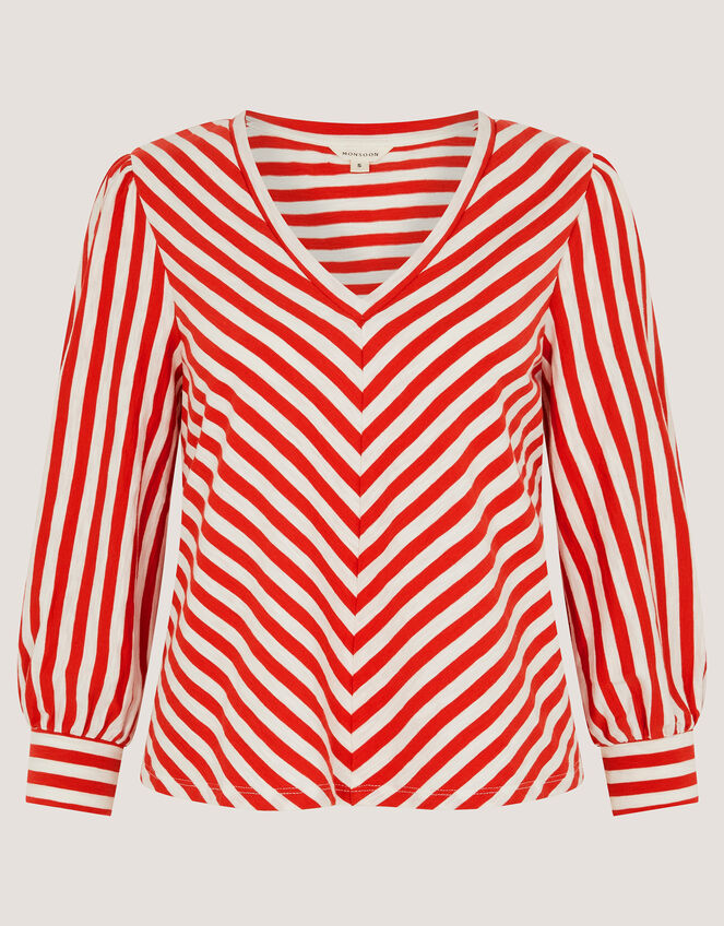 Shayla V-Neck Stripe Jersey Top, Ivory (IVORY), large