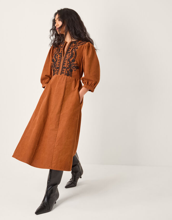 Leah Embroidered Corduroy Midi Dress, Copper (COPPER), large