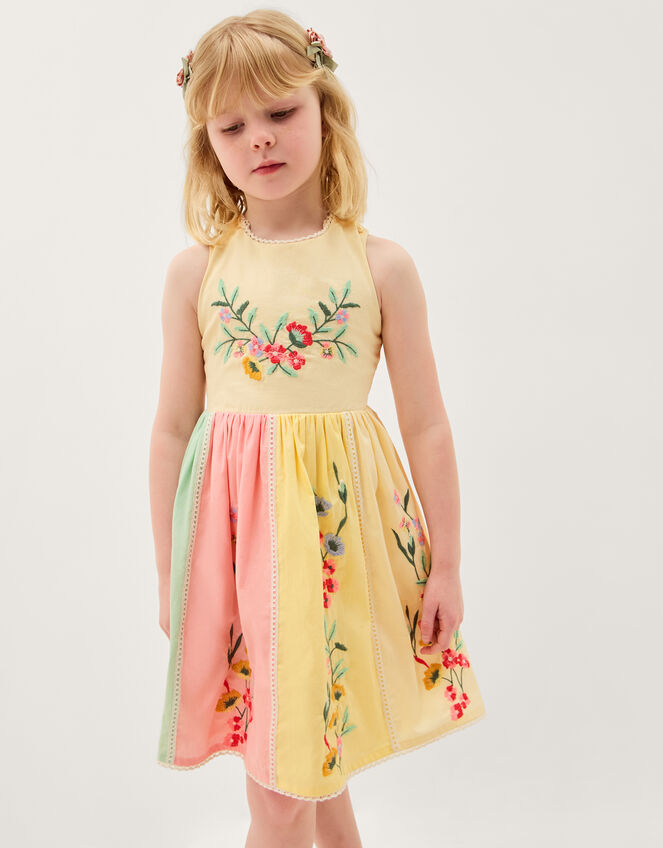 Camellia Floral Embroidered Cross Back Dress, Yellow (YELLOW), large