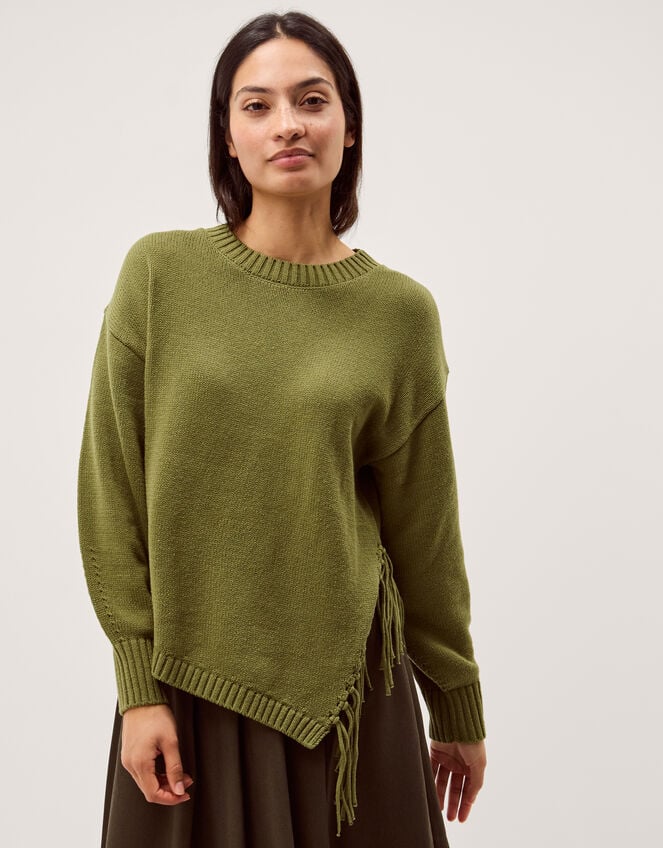 Fey Asymmetrical Fringe Jumper, Green (KHAKI), large