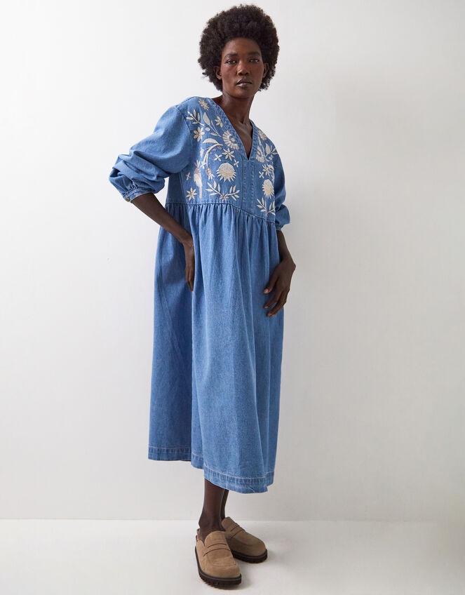 East Floral Embroidered Denim Midi Dress, Blue (BLUE), large