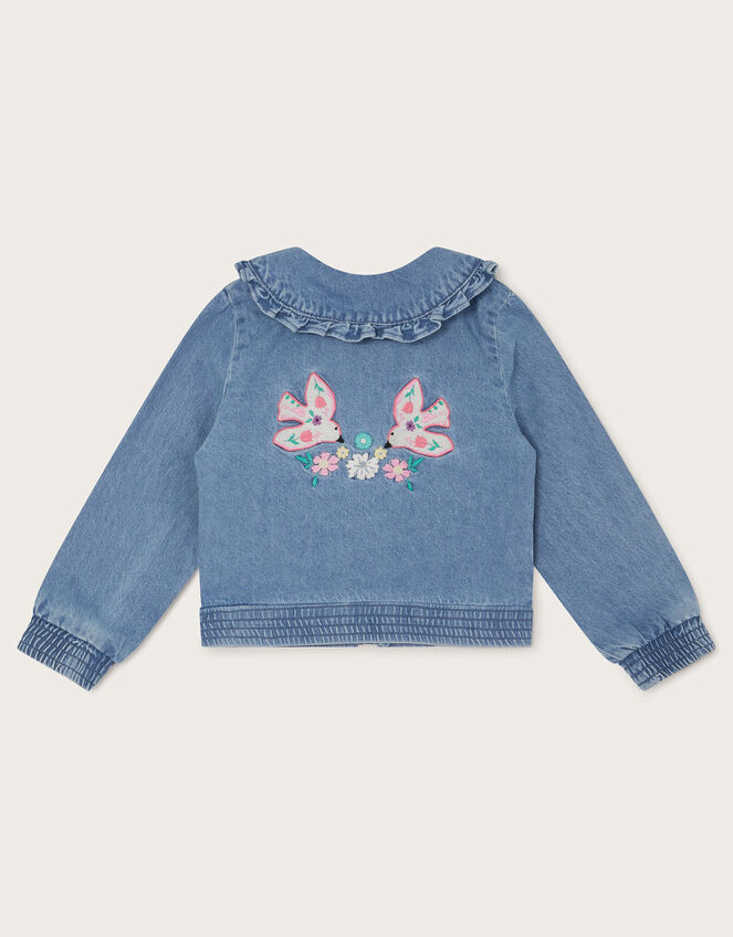 Embroidered Denim Bomber Jacket, Blue (BLUE), large