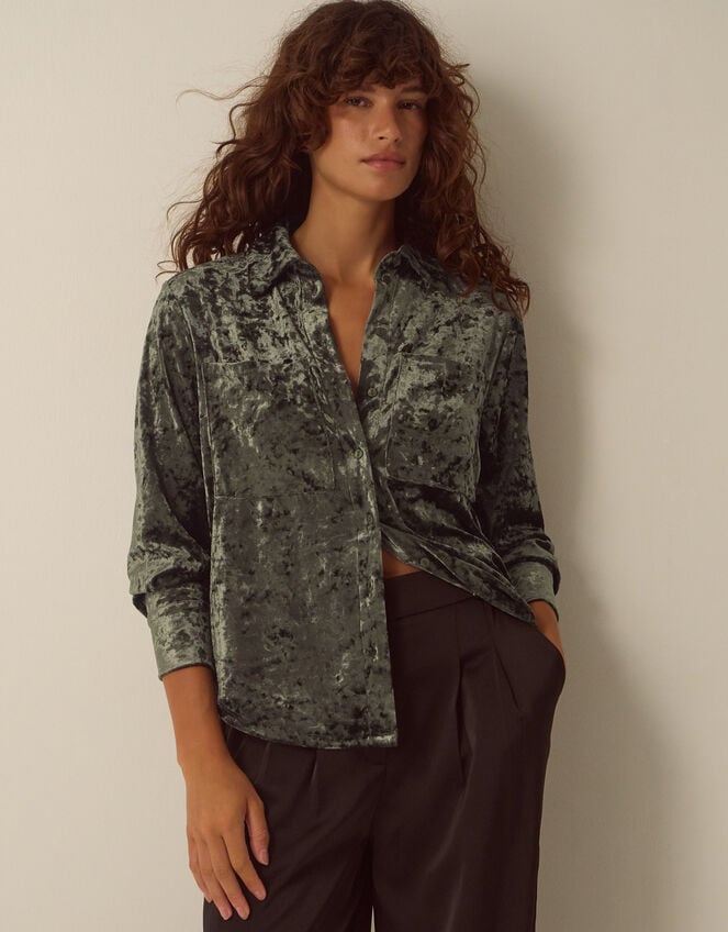Ola Oversized Velvet Shirt, Green (KHAKI), large