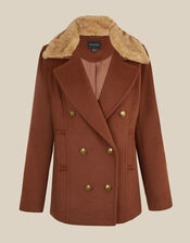 Sabrina Faux Fur Collar Pea Coat, Brown (BROWN), large