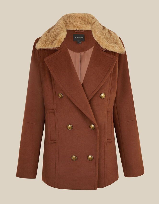 Sabrina Faux Fur Collar Pea Coat, Brown (BROWN), large