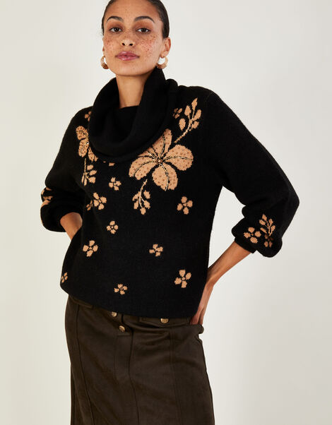 Jacquard Flower Beaded Jumper with Recycled Polyester Black, Black (BLACK), large