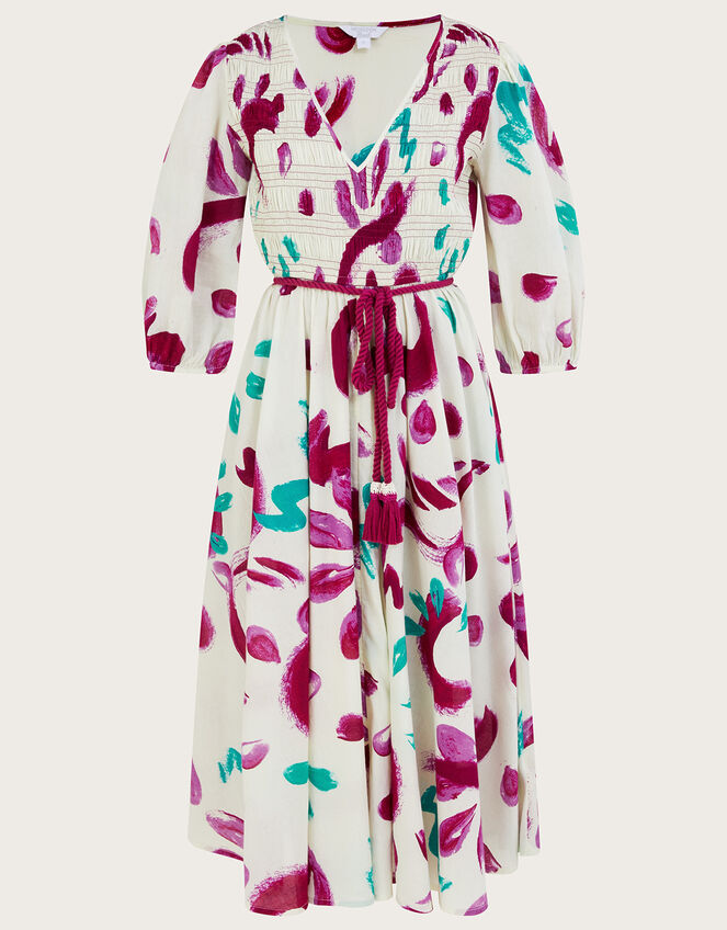 Abstract Brushstroke Print Shirred Midi Dress in Sustainable Cotton, Ivory (IVORY), large