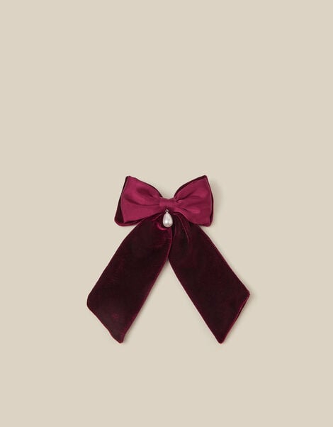 Pearl Charm Velvet Bow Hair Clip, , large