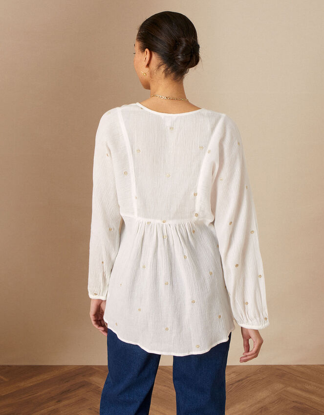 Embellished Dot Tunic Boho Top in Sustainable Cotton, White (WHITE), large