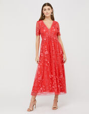 Valentina Embroidered Midi Dress, Orange (CORAL), large