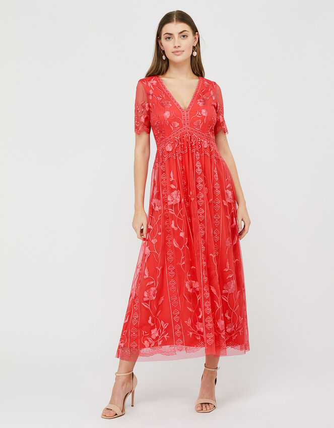 Valentina Embroidered Midi Dress, Orange (CORAL), large