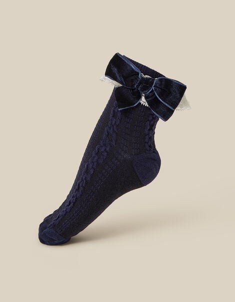 Velvet Bow Lace Frilly Socks, Blue (NAVY), large