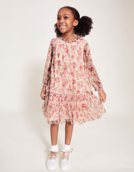 Long Sleeve Floral Frill Dress, Ivory (IVORY), large