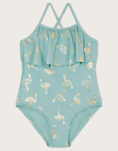 Flamingo Foil Print Frill Swimsuit, Blue (TURQUOISE), large