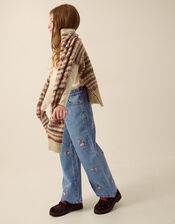 Floral Embroidered Wide Leg Jeans, Blue (BLUE), large