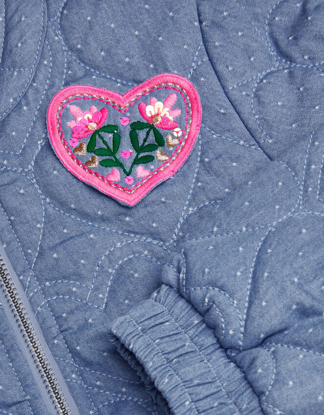 Heart Quilted Chambray Bomber Jacket, Blue (BLUE), large