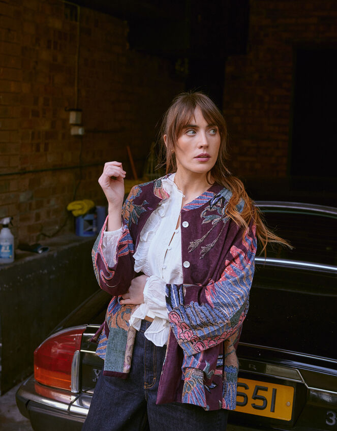 One Hundred Stars Crane Print Velvet Jacket, , large