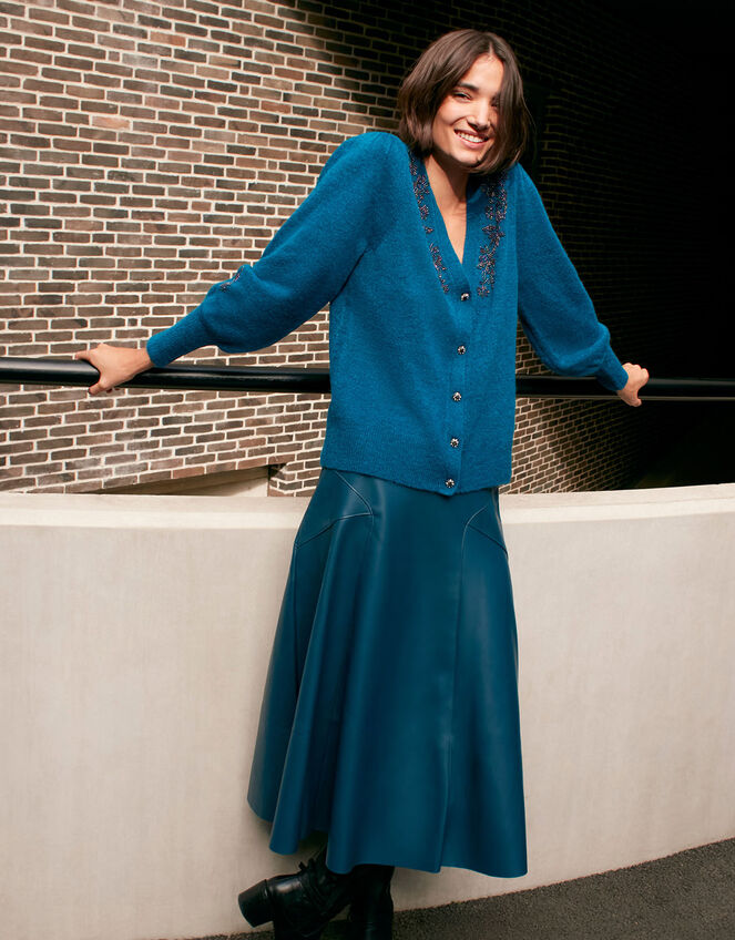 Beaded Knit Cardigan with Recycled Fabric, Teal (TEAL), large