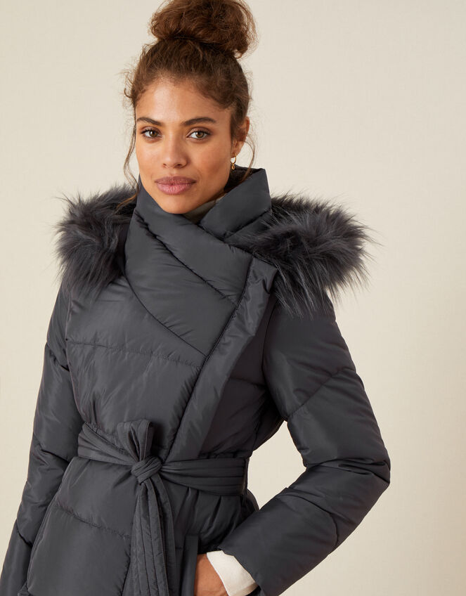 Padded Faux Fur Hooded Coat Grey, Women's Coats