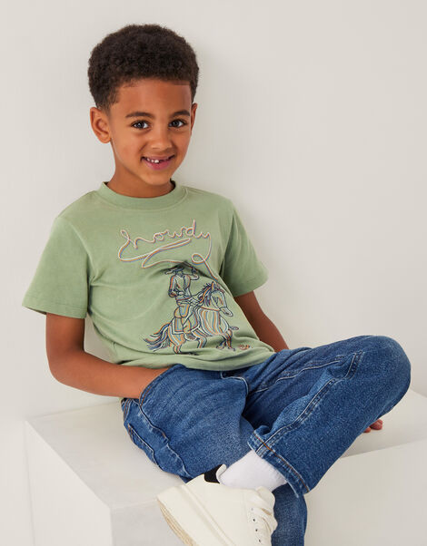 Howdy Cowboy Embroidered T-Shirt, Green (KHAKI), large