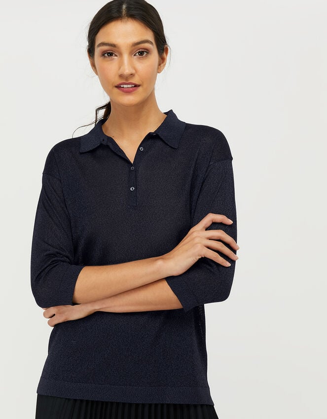 Hannah Henley Collar Top, Blue (NAVY), large