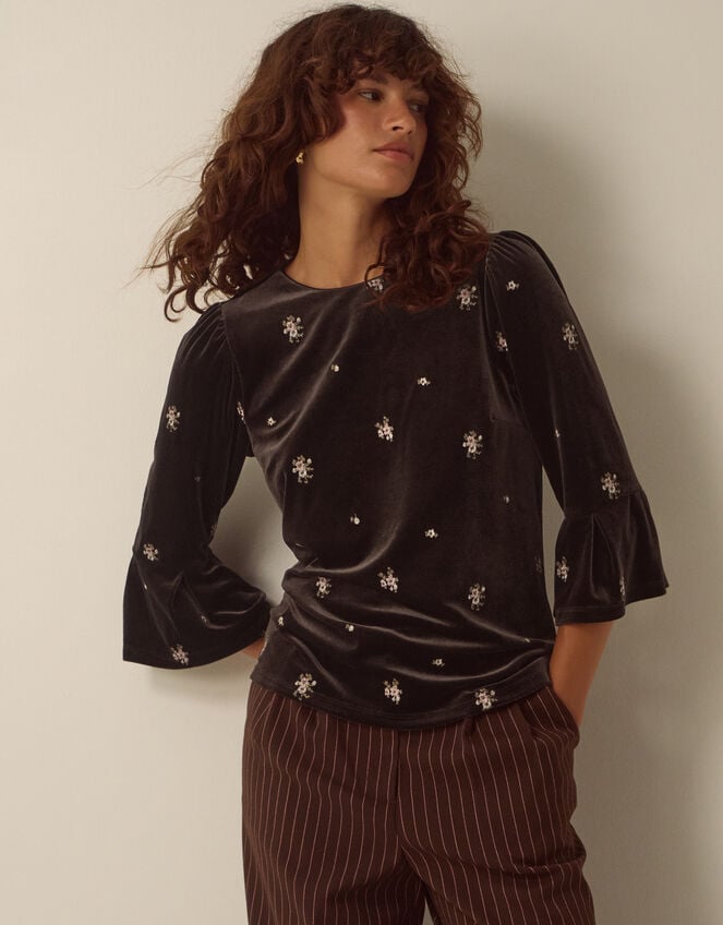 Emilee Flute Sleeve Embroidered Velvet Top, Brown (CHOCOLATE), large