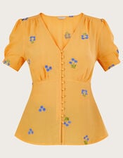 Ollie Embroidered Tea Top in Sustainable Viscose, Yellow (YELLOW), large