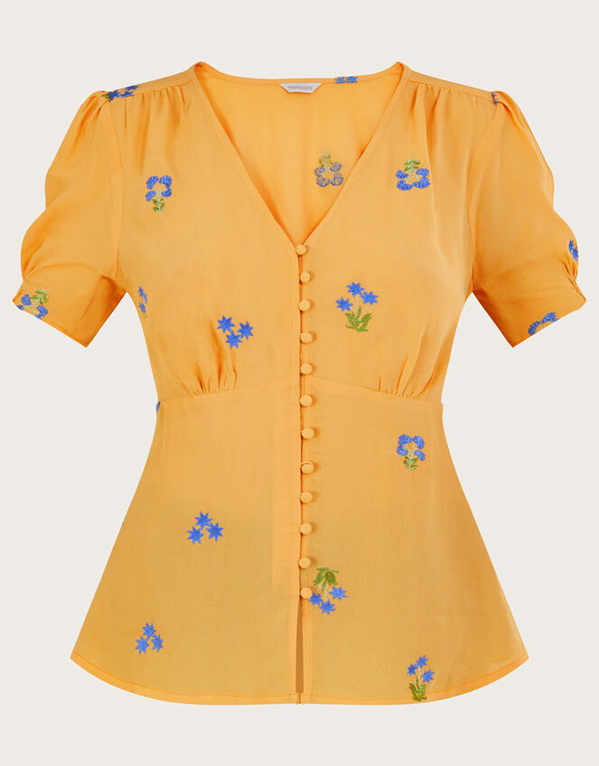 Ollie Embroidered Tea Top in Sustainable Viscose, Yellow (YELLOW), large