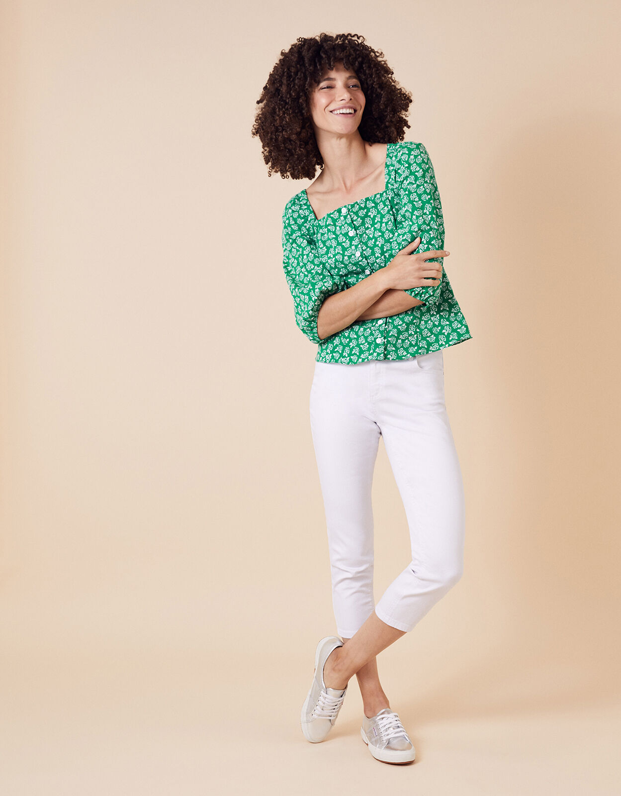 Rose Print Balloon Sleeve Top in Organic Cotton Green Tops T