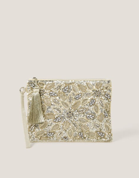 Febe Floral Embellished Tassel Pouch, , large