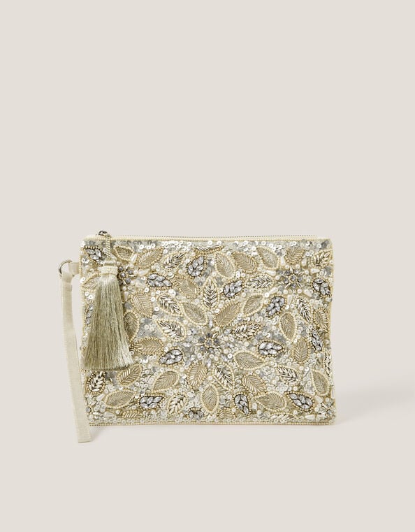 Febe Floral Embellished Tassel Pouch, , large